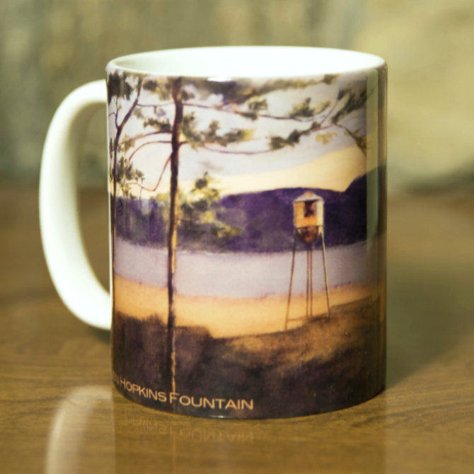 Coffee mug with a watercolor painting of the Hudson River and water tower